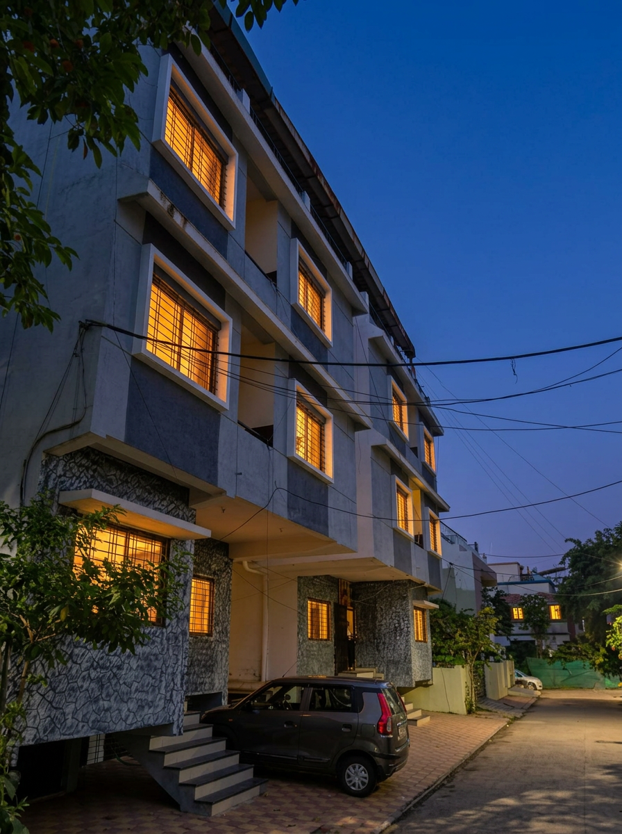 Yadav Boys Hostel building in Vijay Nagar, Indore at dusk